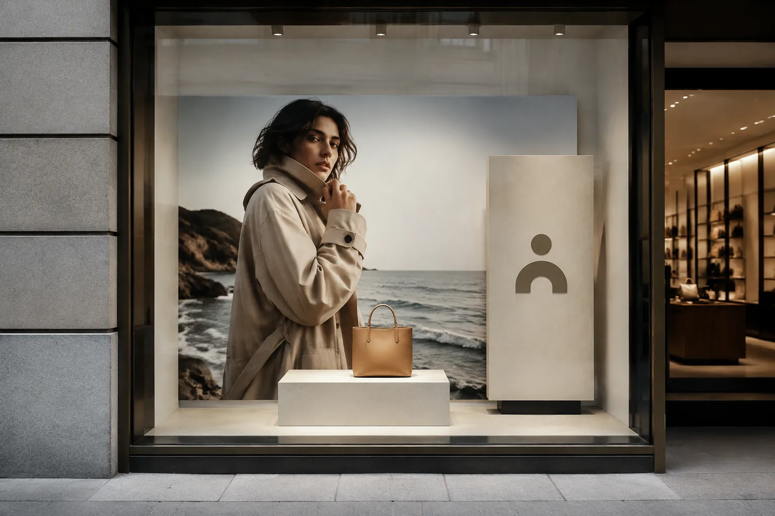 Illustrative retail window concept with a photographic background, product placement, and brand identifier