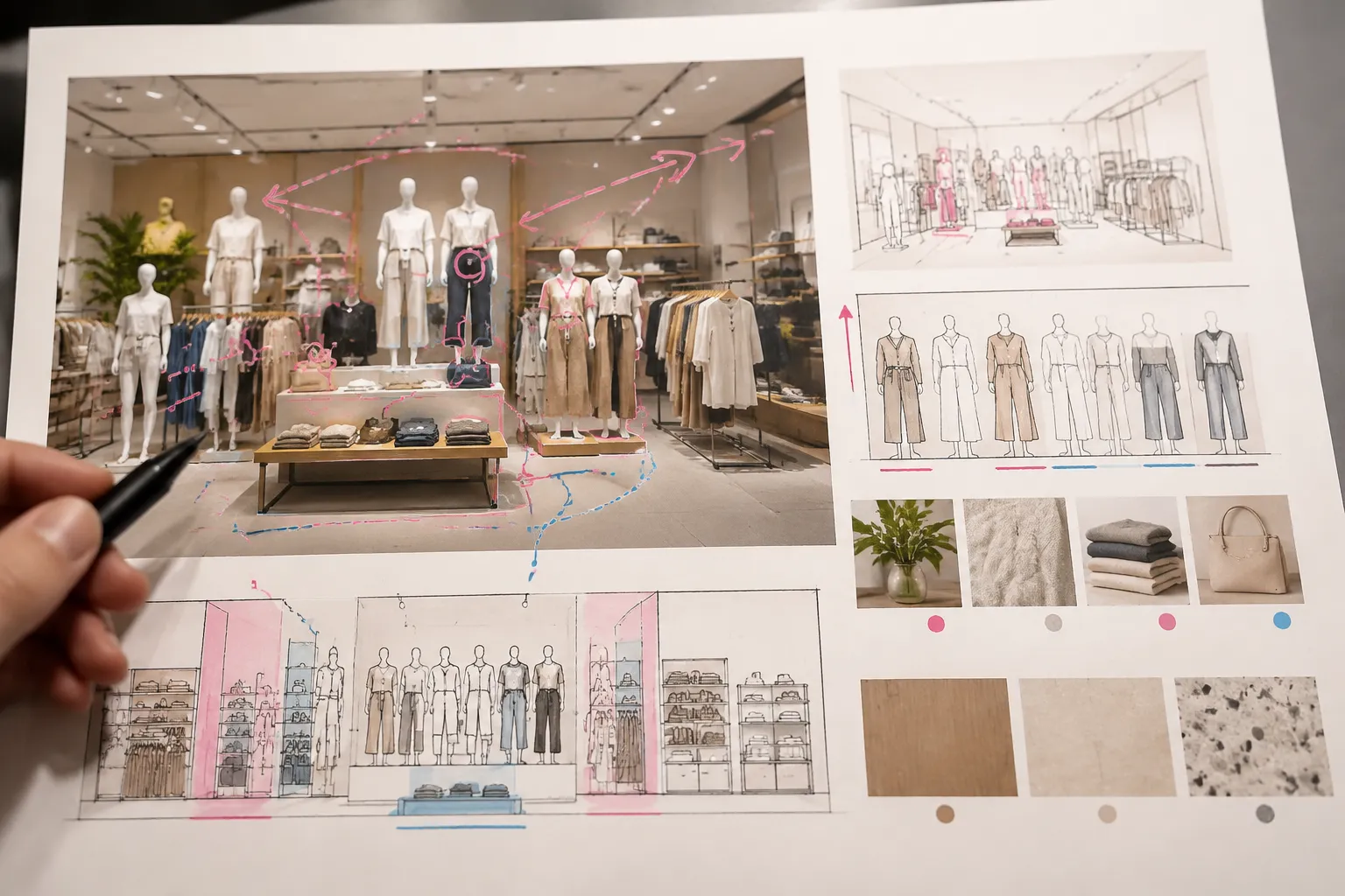 Annotated retail display concept showing shopper sightlines, product hierarchy, and evidence notes