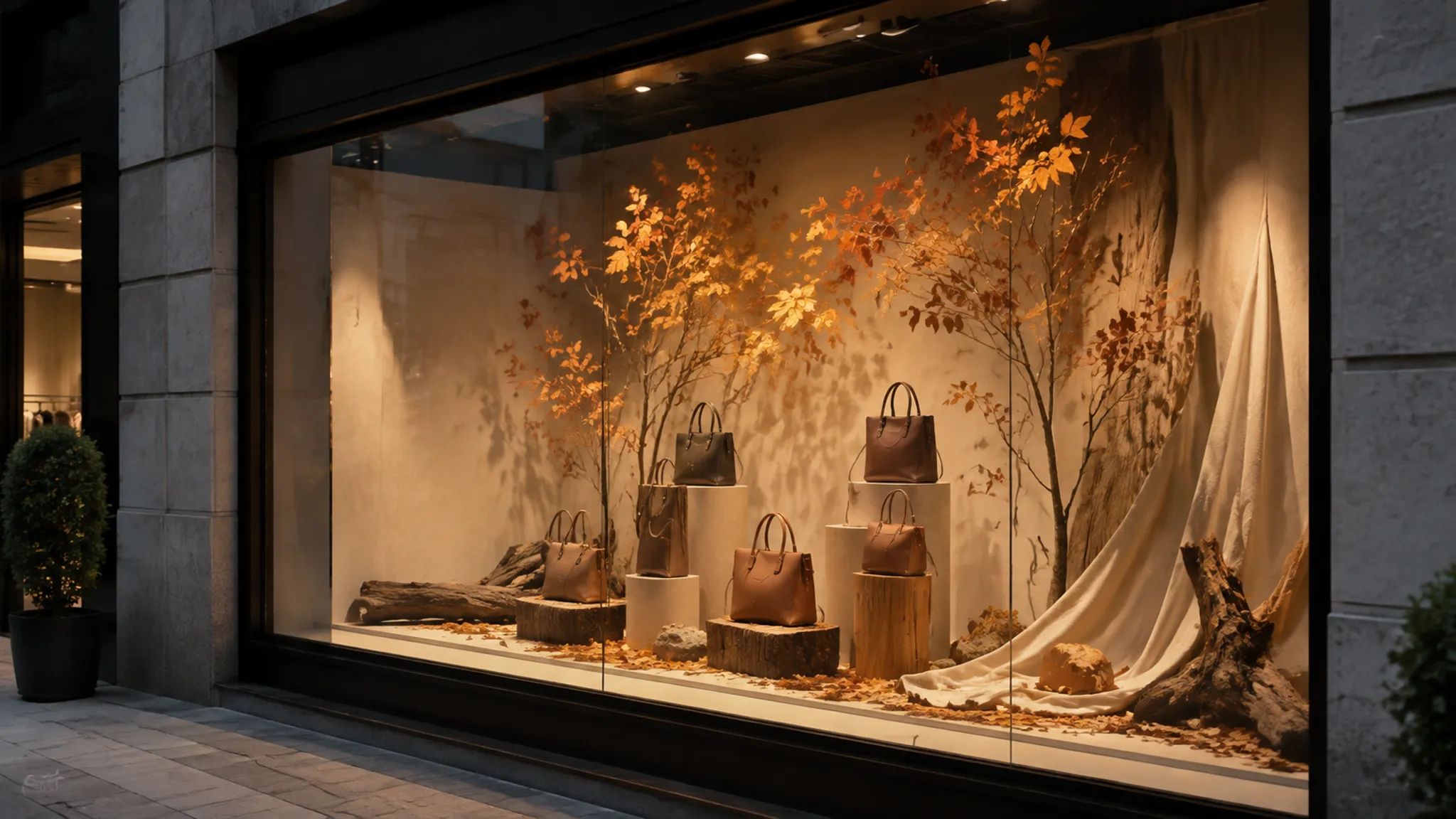 Concept-stage seasonal retail window display with focal product and supporting props
