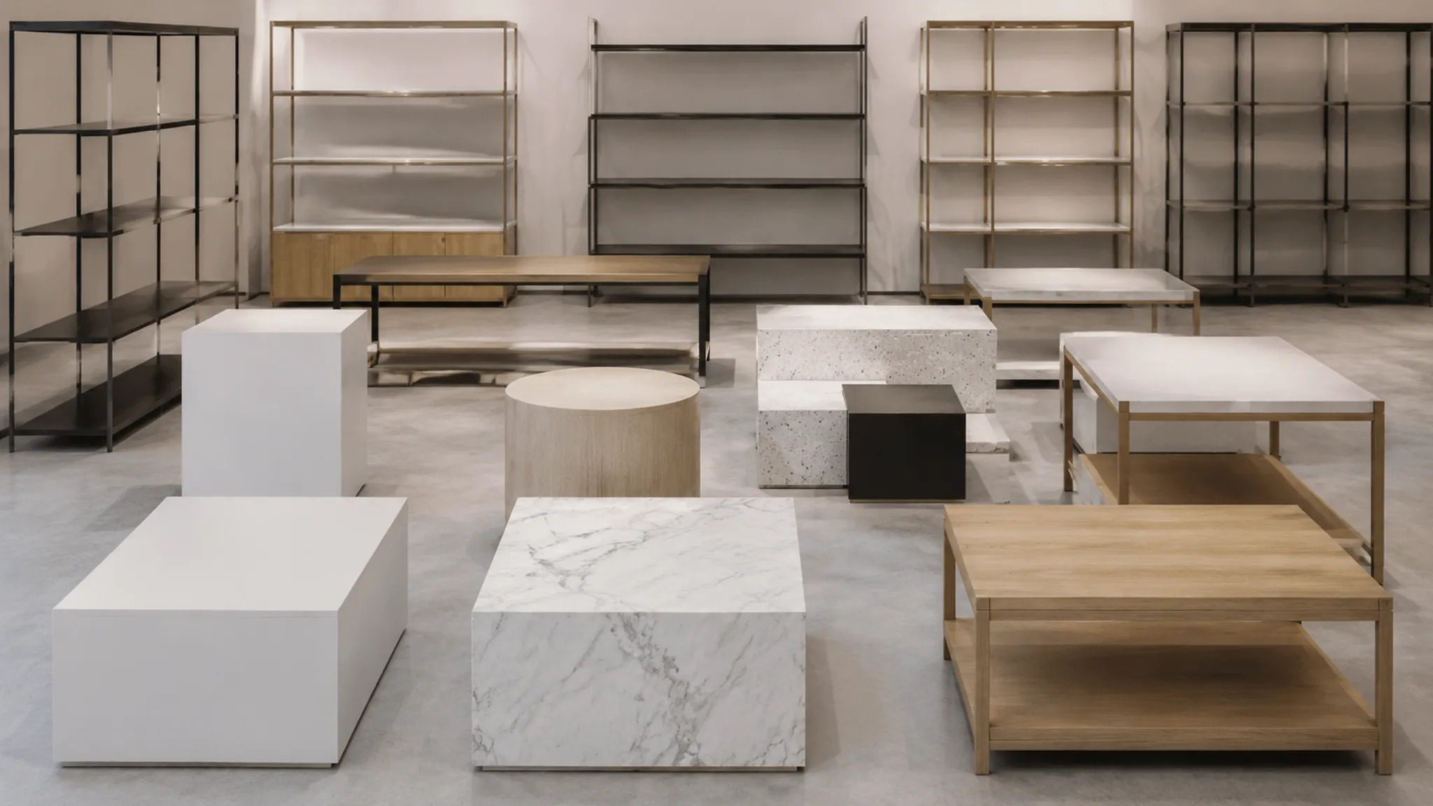 Retail fixture comparison with shelves, plinths, tables, and modular display components