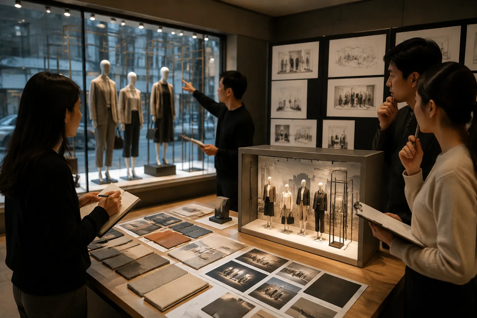 Retail window display planning view focused on sightlines, lighting, and production review fields
