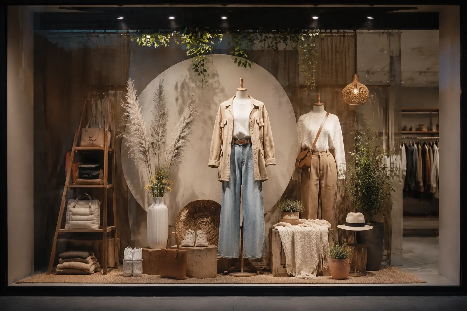 Seasonal window display reference showing product hierarchy, props, and visible depth