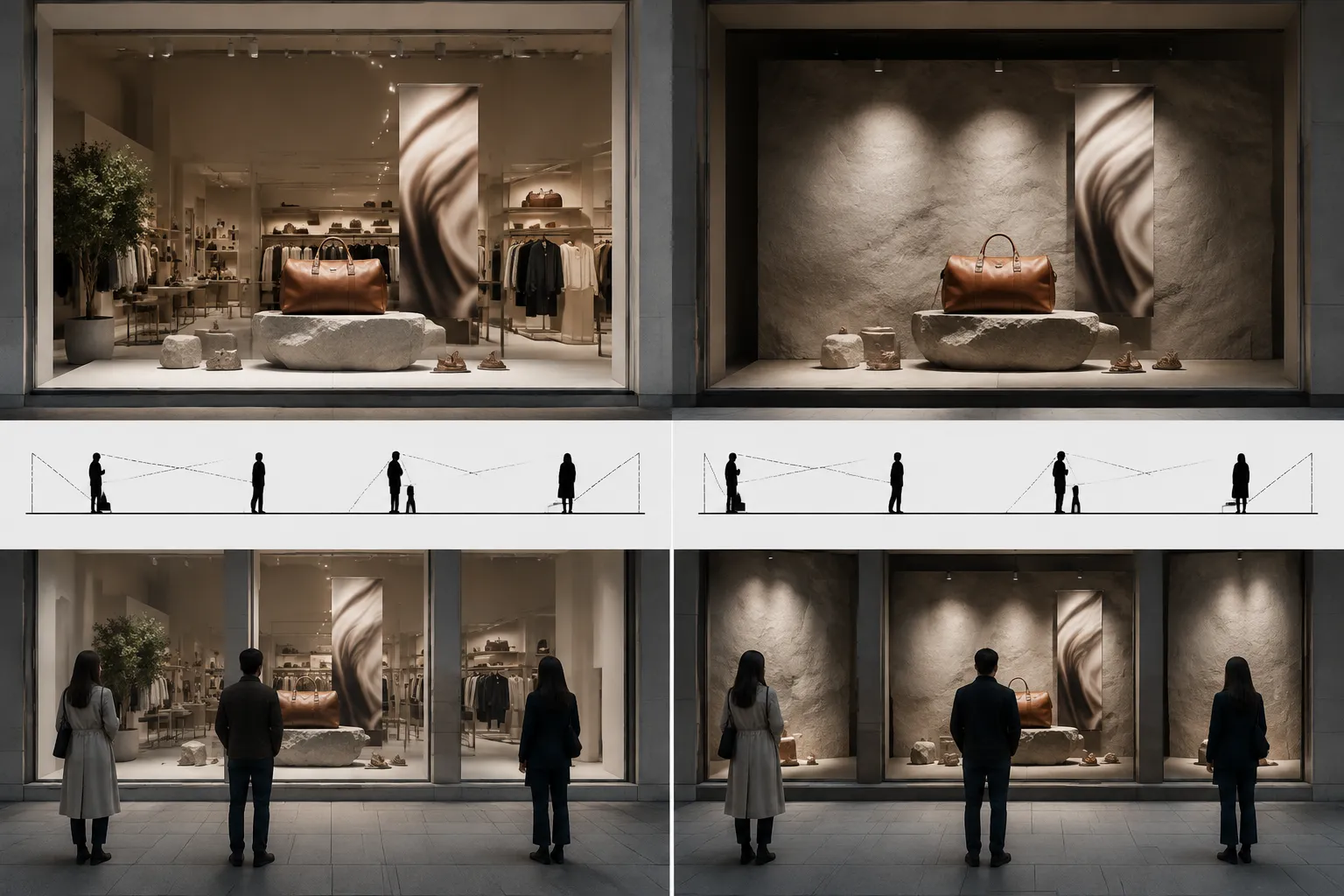 Retail window concept comparison with open and closed backdrop approaches viewed from multiple shopper angles