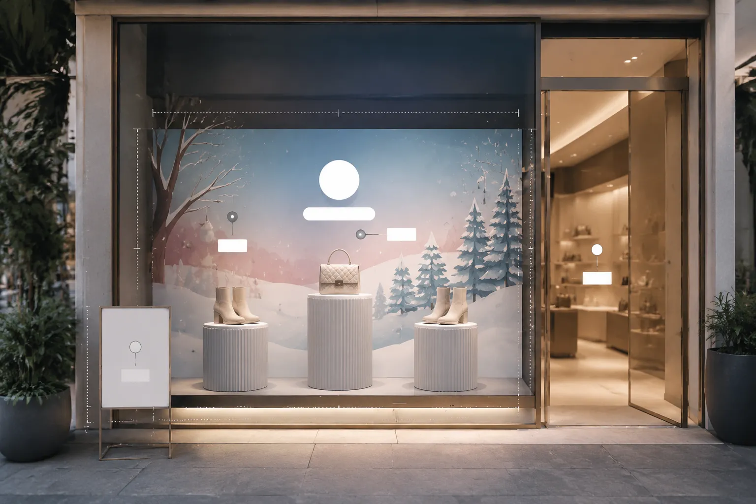 Concept-stage seasonal storefront with three product plinths, a primary wordmark, backdrop illustration, and partner mark