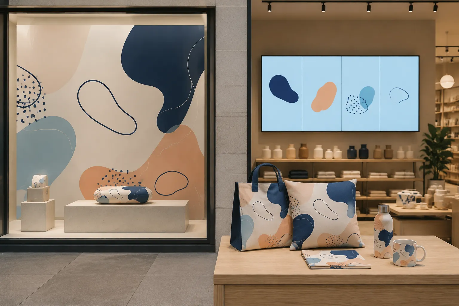 Comparison of one brand artwork file adapted for a plinth, full window, repeated props, and digital screen