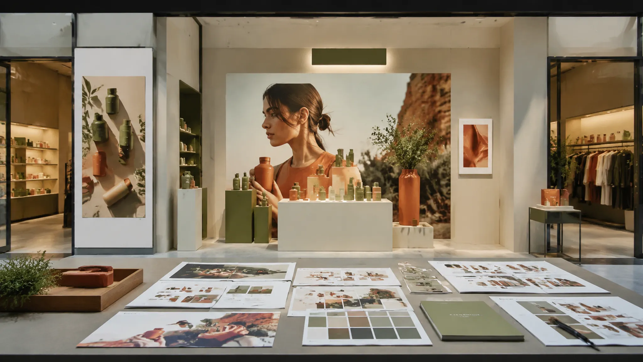 Retail storefront concept review with brand marks, campaign artwork, product plinths, and status notes