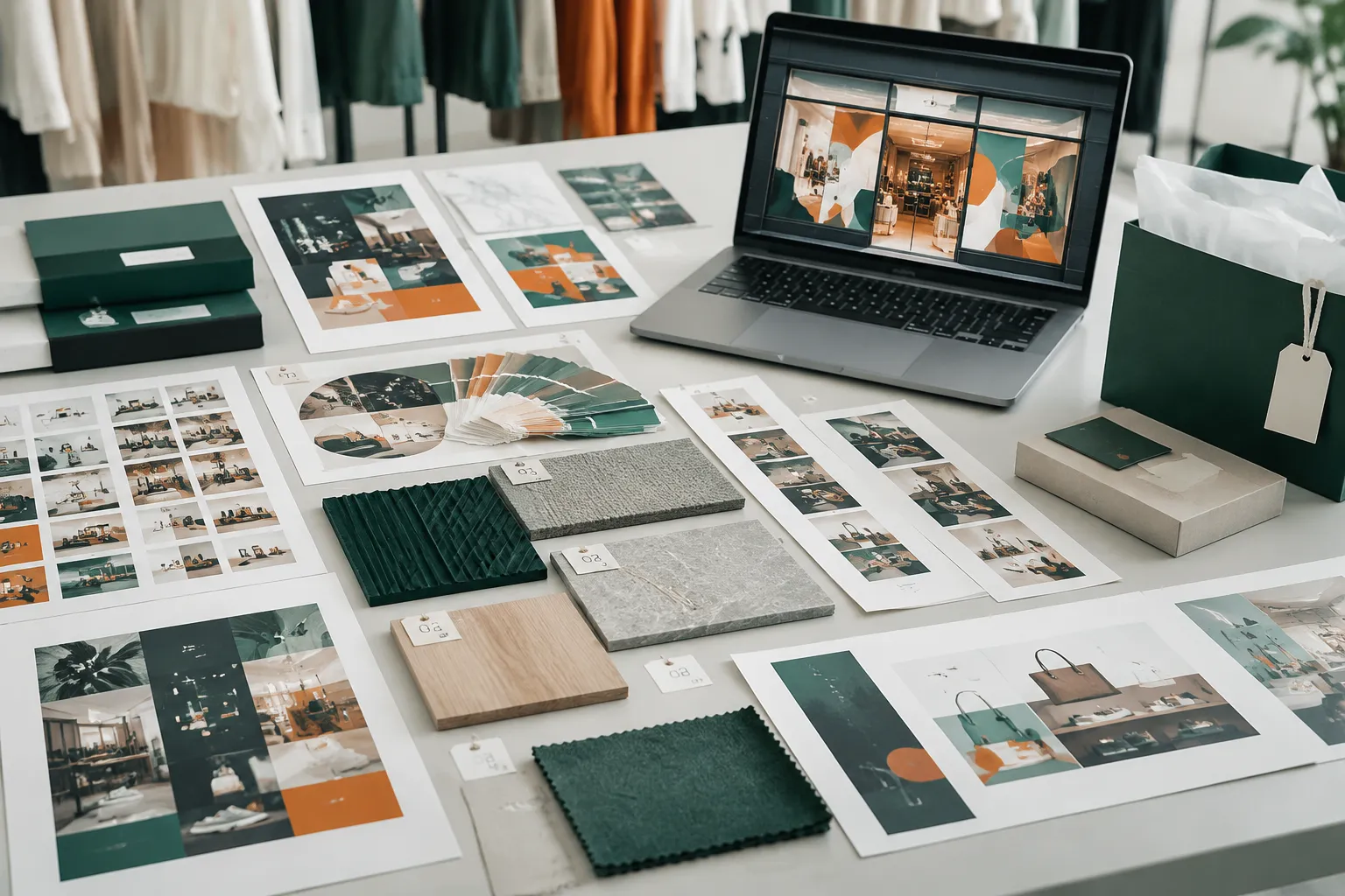 Retail production handoff desk with final artwork proofs, asset identifiers, version records, and supplier review materials